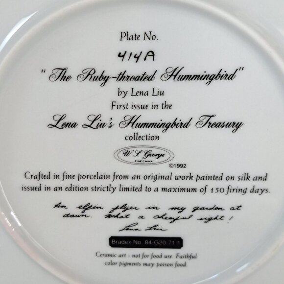 The Ruby-Throated Hummingbird, by Lena Liu-W. L. George Collector Plate - Picture 10 of 10